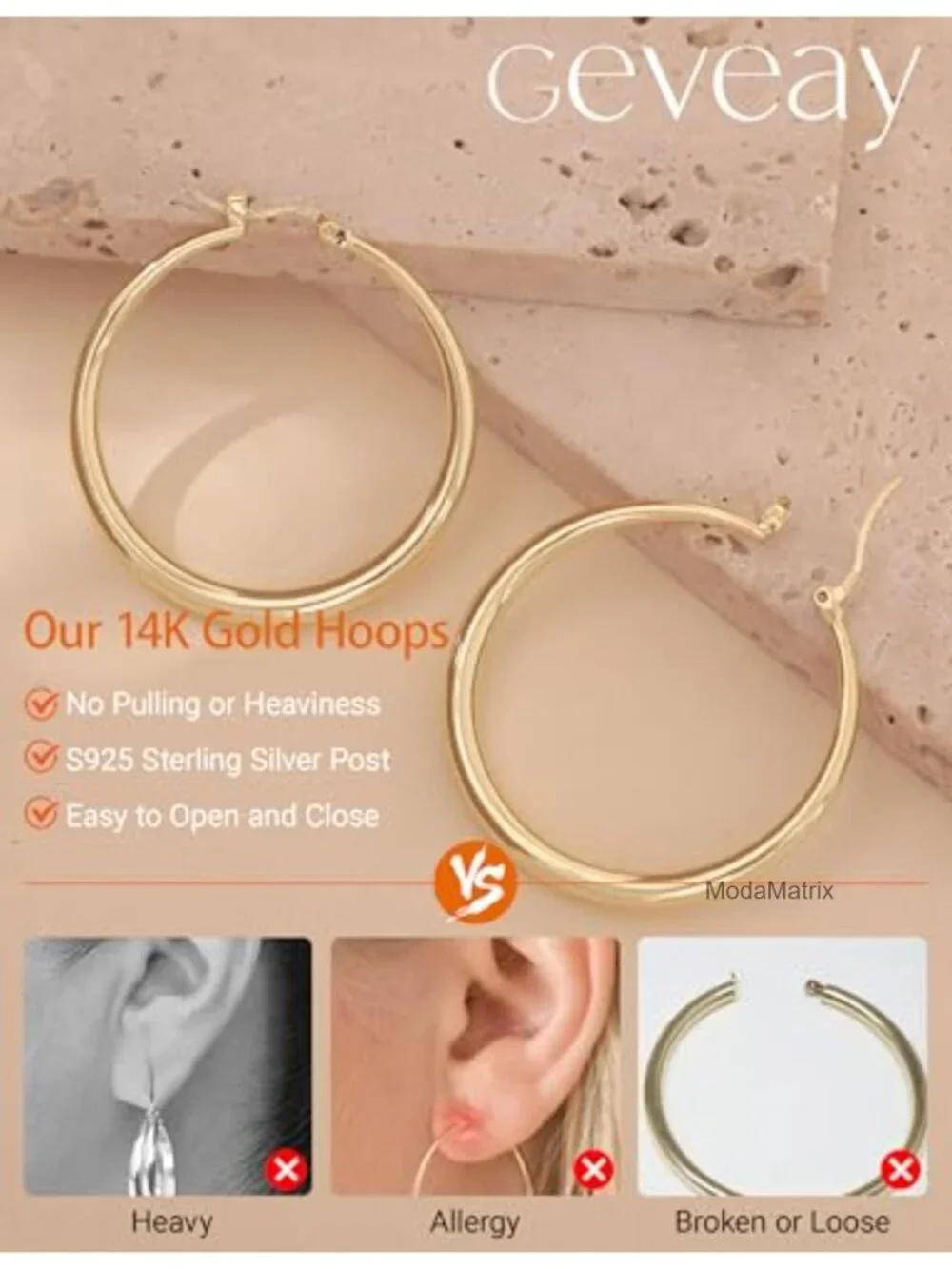 Hypoallergenic 925 Sterling Silver 14K Gold Plated Hoop Earrings Lightweight